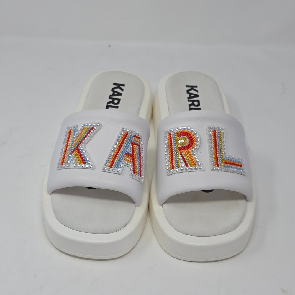 Karl Lagerfeld Paris Opal White Leather Rhinestone Logo Platform Slides 7.5M